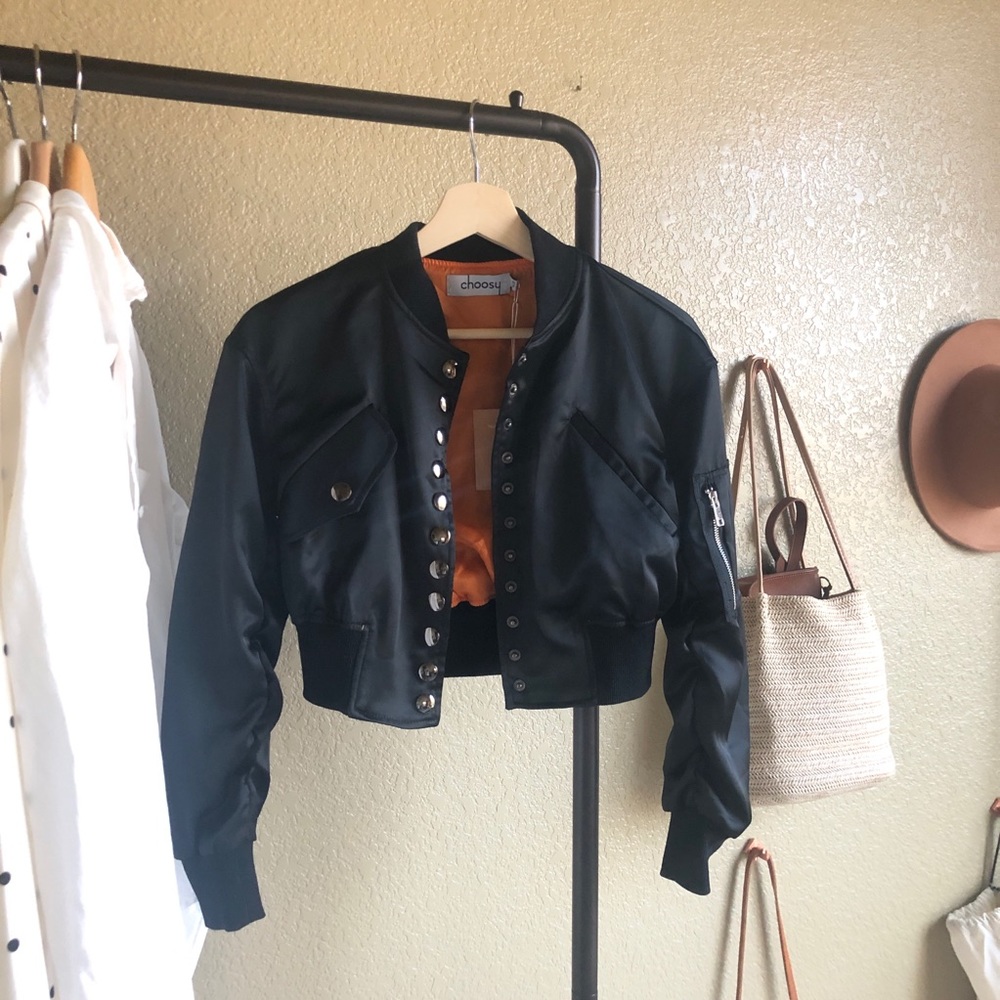 Choosy Black Cropped Bomber Jacket NWT